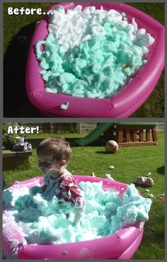 a baby in an inflatable pool filled with blue and white foam, before and after