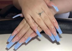 Long Square French Tip Nails With Design, Blue Acrylic French Tip Nails, Sky Blue Nails French Tip, Baby Blue Tips Nails, Blue Acrylic Nails French Tip, Long French Tip Acrylic Nails, Baby Blue Nails French Tip, Blue French Tip Nails Long, Blue French Acrylic Nails