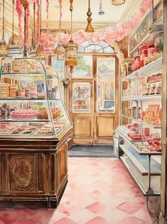 a painting of a bakery with lots of food in the display case and lights hanging from the ceiling