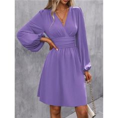 -Item Id 43276172 -Details: Ruched -Neckline: V Neck -Sleeve Type: Bishop Sleeve -Style: Elegant -Type: A Line -Waist Line: High Waist -Hem Shaped: Flared -Color: Purple -Pattern Type: Plain -Sleeve Length: Long Sleeve -Length: Short -Fit Type: Regular Fit -Fabric: Non-Stretch -Material: Woven Fabric -Composition: 100% Polyester -Care Instructions: Machine Wash Or Professional Dry Clean -Sheer: Semi-Sheer **Open To Offers!!!** **Bundle To Save More** **30% Off Bundles Of 2 Or More Items!!** ***O Flowy Pleated V-neck Mini Dress, Purple V-neck Lined Dress, Solid Color Surplice Neckline Dress For Brunch, Fall V-neck Lined Mini Dress, Purple Pattern, Bishop Sleeve, Colour List, Dresses Women, Boutique Dresses