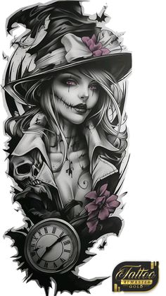 a woman with a clock tattoo design on her arm and chest is wearing a hat