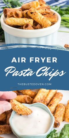 air fryer pasta chips on a plate with ranch dressing