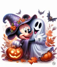 a mickey mouse hugging a ghost with pumpkins and bats in the background on halloween day