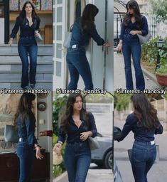 four different pictures of the same woman in blue jeans and black top, one with her hand on her hip