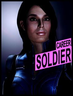 a female character holding a pink sign with the words career soldier on it in front of her face