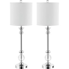 pair of chrome finish table lamps with white shade