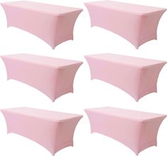 six pink table covers with white piping on each side and one in the middle