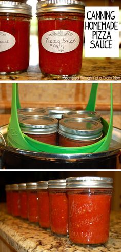 canning homemade pizza sauce in mason jars on the stove top and bottom, with instructions for how to make it