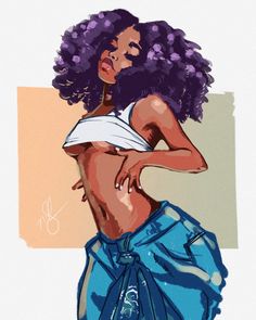 a drawing of a woman with purple hair wearing a white top and blue jeans shirt