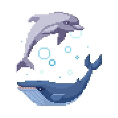 two dolphins jumping out of the water with bubbles and bubbles around them, in pixel art style