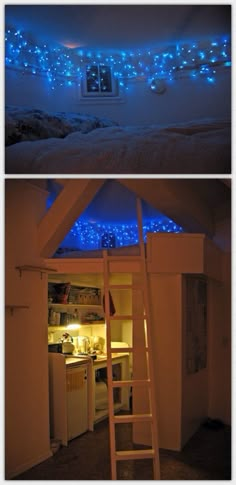 there is a loft bed with blue lights on the ceiling and below it are two pictures