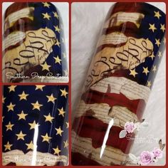 the american flag is painted on top of an empty glass bottle with writing and stars