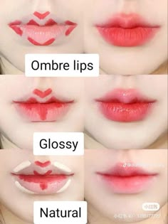 Korean Makeup Look Lips, Ombre Lip Tutorial, How To Do Korean Lips, Lipstik Ombre Tutorial Korea, Korean Ombre Lips, Korean Makeup Tutorials Step By Step, Simple Lip Makeup, Korean Lip Tutorial, Lip Techniques