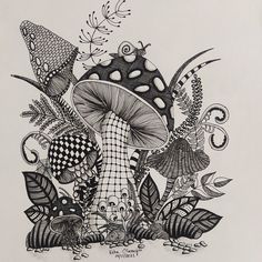 a black and white drawing of a mushroom surrounded by leaves, mushrooms, and plants