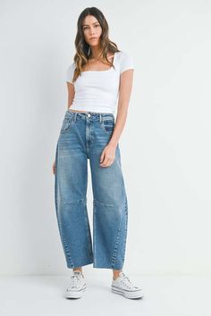 This stretch barrel wide-leg jeans bring major chill vibes to your look. with a vintage look the relaxed fit shows it's all about comfort and style they're your go-to for nailing that effortless cool. whether you're hanging with friends or hitting up your favorite spots these jeans keep you on point with their laid-back yet trendy appeal.    details    - rise: 12” ; inseam: 27”  - 100% cotton  - made in usa    - style no. bp473j  - the model is wearing a size 26  - machine wash cold lay flat to dry recommended Barrel Jeans, Hanging With Friends, Chill Vibes, Short Pajama Set, Sweater And Shorts, Swimwear Tops, Vintage Look, Wide Leg Jeans, Jean Coat