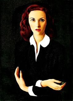 a painting of a woman with red hair wearing a black shirt and white collared shirt