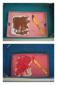 two pictures of cake with icing and chocolate frosting on them, one has a yellow spatula