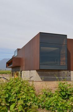 the building is made out of metal and sits in front of some green plants with mountains in the background