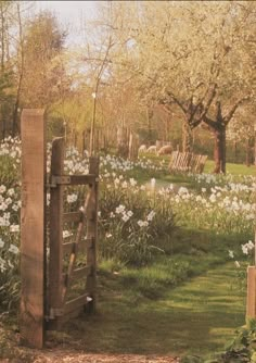 an open wooden gate in the middle of a field with flowers and trees around it