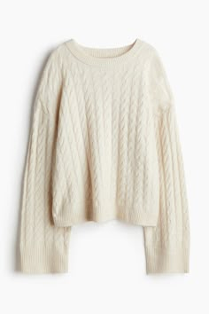 Cable-Knit Sweater - Cream - Ladies | H&M US Cable Knit Sweater H&m, Cute Cozy Sweaters, Chunky White Knit Sweater, Amazon Crewneck Finds, Cute Fluffy Clothes, H&m Sweaters, Christmas Gifts Clothes, Soft Knit Sweater, Must Have Sweaters