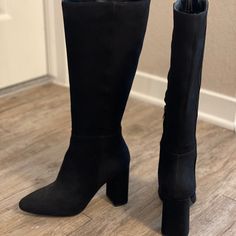 Never Been Worn, Size 7.5 Black Suede Knee High Boots. Fall Suede Heeled Boots For Night Out, Office Suede Boots With Pointed Toe, Winter Suede Boots For Office, Winter Office Boots In Suede, Suede Wide Calf Heeled Boots With Almond Toe, Wide Calf Suede Heeled Boots With Almond Toe, Black Boots With Suede Lining For Fall, Black Fall Boots With Suede Lining, Fall Suede Boots For Office