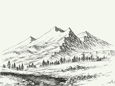 a drawing of mountains with trees in the foreground and a river running between them