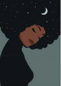 an illustration of a woman's head with stars and the moon in the background