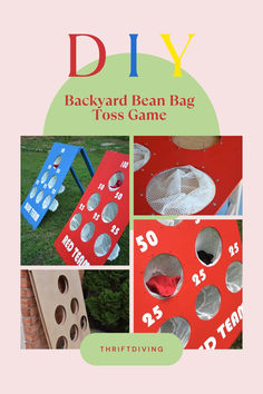 the diy backyard bean bag toss game is shown in four different pictures and has numbers on it