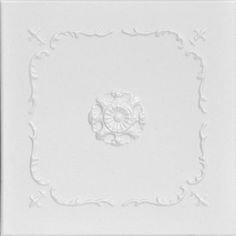 a white ceiling tile with an ornate design on the center and bottom part of it