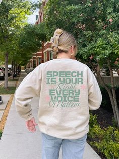 Stay cozy and spread an important message with our "Speech is Your Right, Every Voice Matters" crewneck. This stylish speech language pathologist sweatshirt is the perfect way to show your dedication to the field while staying on-trend. Whether you're a future speech therapist or looking for a thoughtful speech therapy grad gift, this Y2K-inspired hoodie makes a statement. Empower others and advocate for every voice with this must-have SLP shirt! 🫧 SIZING * Unisex crewneck, classic fit (Gildan 18000) * Available sizes: S -5XL (unisex size) * Refer to the size chart in the photos for details 🫧 MATERIALS * 50% Cotton; 50% Polyester 🫧 CARE * Machine wash cold, inside-out, gentle cycle with mild detergent and like colors * Tumble dry on a low cycle or hang to dry for best results 🫧 Print M Speech Therapist Aesthetic, Slp Tshirt Ideas, Speech Pathology Shirts, Speech Therapy Shirts Funny, Speech Therapy Shirts Design, Speech Therapist Shirt, Speech Pathology Sweatshirt, Slp Shirts, Speech Therapy Shirts