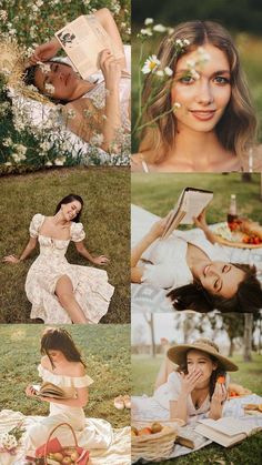 a woman laying on top of a grass covered field next to flowers and an open book