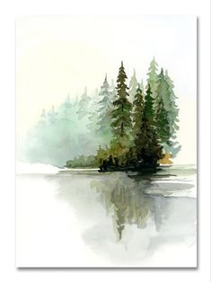 a watercolor painting of trees on the shore of a body of water with fog in the background