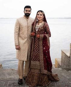 Pakistani Bride Groom Dresses, Barat Groom Dress, Maroon Combination Dresses, Muslim Groom Outfit For Nikah, Sharara For Bride, Pakistani Groom Outfits, Wedding Couple Dress Combination, Bridal Dresses Ideas, Pakistani Bride And Groom