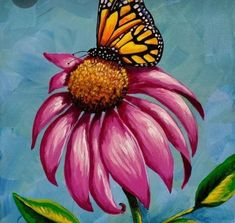 a painting of a butterfly on a pink flower