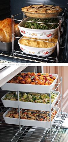 two pictures show different dishes in the oven