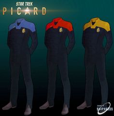 the star trek picard costumes are shown in three different colors