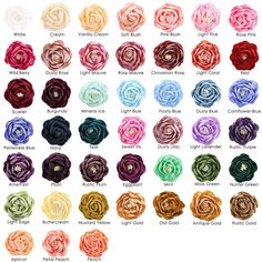 different colors of fabric flowers with names and pictures on the bottom right hand corner in each color