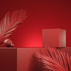 a red box and some palm leaves in front of a red wall