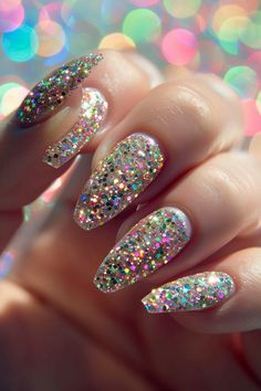 Dazzle and shine with 50 stunning glitter nail designs! From subtle sparkles to full-on glamour, find the perfect look to make your nails the star of any occasion. Loose Glitter Nails, Holo Glitter Nails, Princess Nail Designs, Nail Nail Designs, Chunky Glitter Nails, Glitter Nail Designs, Oval Shaped Nails, Birthday Nail Designs, Opal Nails