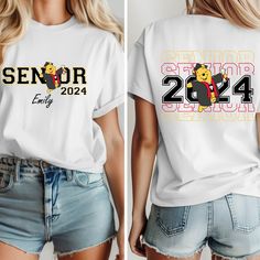 Custom Winnie The Pooh Senior 2024 Shirt, Graduation T-shirt, School Graduation Shirt, Class Of 2024 Graduation Welcome to our small family business Gift Family Shop  Thank you for choosing our products. *This design will be created using a heat press. How to Order: ✅ Please review all information provided before placing an order. ✅ Select the shirt type and size using the drop-down menu. ✅ Select the color of the shirt from the drop-down menu below. ✅ Add the text/design color (white or black) Seniors Shirts Ideas, Character Print Crew Neck Top For College, School Spirit Crew Neck T-shirt With Character Print, School Spirit T-shirt With Character Print, Class Of 2024 Shirt Ideas, Grad Trip, Senior Shirts, Graduation Shirt, Mickey Mouse T Shirt