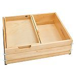 an open wooden box with two compartments on the bottom and one drawer opened to show what's inside