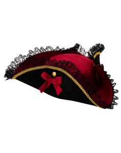 Prepare to sail the seven seas in style this Halloween by completing your pirate outfit with this Kids Pirate Ruffle Hat. This stylish crimson hat features black ruffle detailing around the brim and is perfect for any swashbuckling buccaneer. Dimensions: 3.5" H x 18" W x 18" D Material: Polyester Care: Spot clean Imported Pirate Hats Women, Pirate Hat Diy, Red Pirate Hat, Pirate Captain Hat, Costume Pirate, Ruffle Hat, Halloween Board, Pirate Accessories, Pirate Outfit