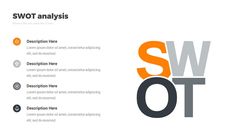 swot powerpoint presentation template with orange and gray letters on white background, slide to the left