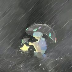 a person standing in the rain with an umbrella and stars on it's side