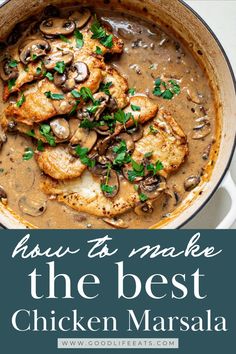 chicken marsala with mushrooms and parsley in a skillet