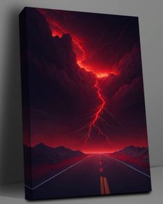 an image of a road with lightning in the sky at night canvas wall art print