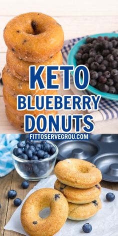 keto blueberry donuts stacked on white plate and others stacked on parchment paper with a two bowls of blueberries Blueberry Donuts Baked, Low Carb Blueberry, Blueberry Donuts, The Boiled Egg Diet, Keto Blueberry, Low Fat Low Carb, Egg Diet Plan