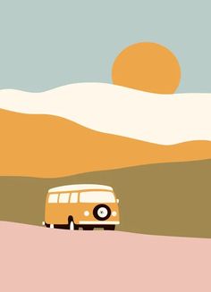 an orange van is driving down the road in front of a mountain range and sun