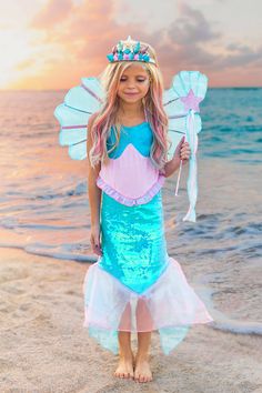 Deluxe Mermaid Costume - 4 Piece Complete Set! - Sparkle in Pink Mermaid Costume Ideas, Mermaid Costume Kids, Mermaid Costume Diy, Mermaid Halloween Costumes, Little Mermaid Costume, Crystal Wedding Dress, Boutique Outfits, Sparkly Prom Dress, Sparkle In Pink