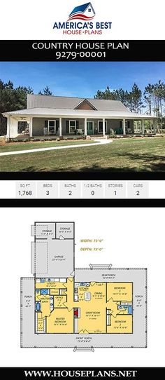 the floor plan for this country house plan is shown in two different colors and sizes